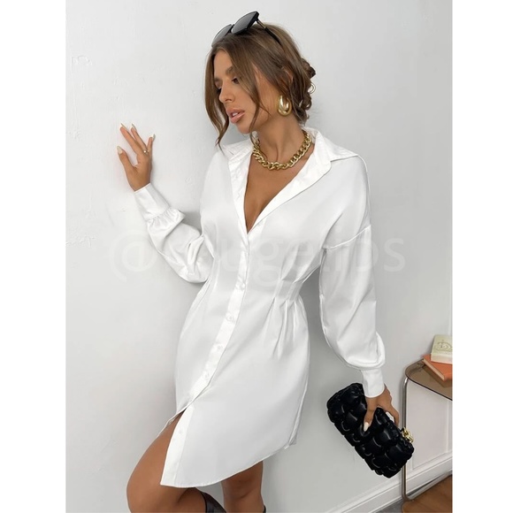 White Fitted Waist Drop Shoulder Buttoned Down Shirt Dress Long Sleeve - Picture 2 of 7